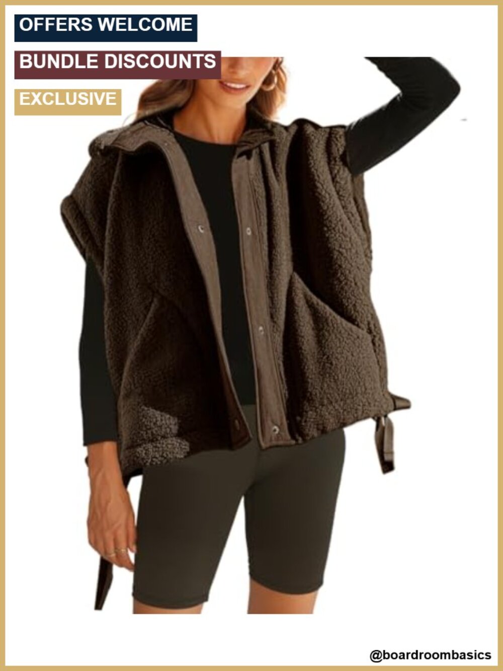 Sherpa Fleece Vest Women Oversized Sleeveless Button Front Stand Collar Pockets